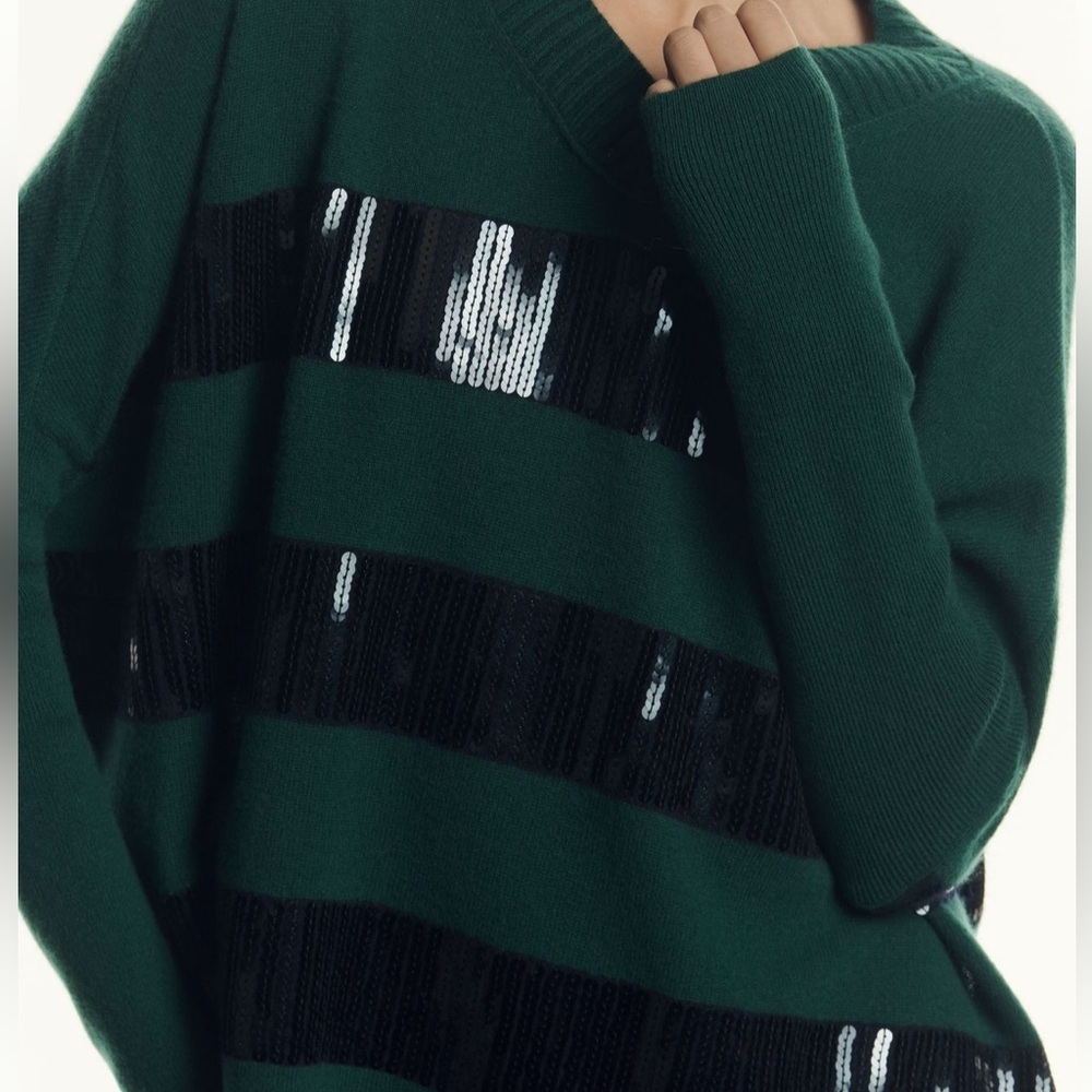 NWT! Maeve Anthropologie Green Black Cashmere Sequin Sweater - Picture 3 of 3
